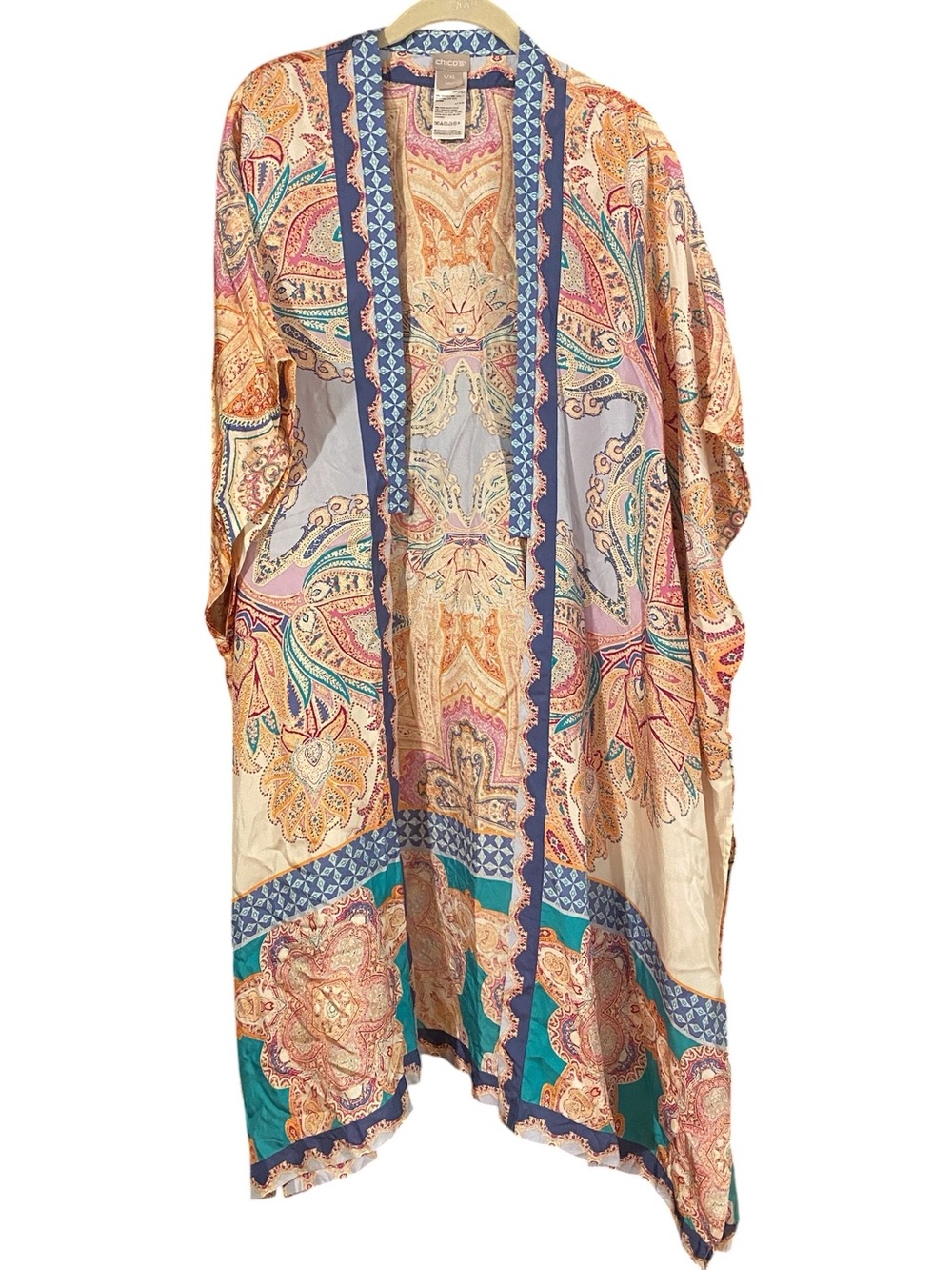 100% Silk Chico's Medallion Print Ruana Kimono. Sz. L/XL